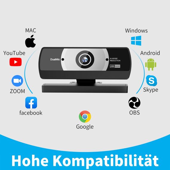 Diccik Webcam 4K, USB A Webcam mit 2 Mikrofon mit Rauschunterdrückung, Kamera PC, Schneller Automatische Fixfokus für Live Streaming, Videoanrufe, Konferenzen, Spiel, PC/Mac/Notebook/MacBook