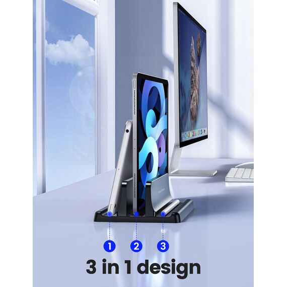 VAYDEER Vertikaler Laptop Ständer Platzsparender 3in1 Vertical Stander Laptopständer zum Vertikalen Positionieren Kompatibel für MacBook Air, MacBook Pro, iPad, Tablets Notebook bis 17,3" Schwarz