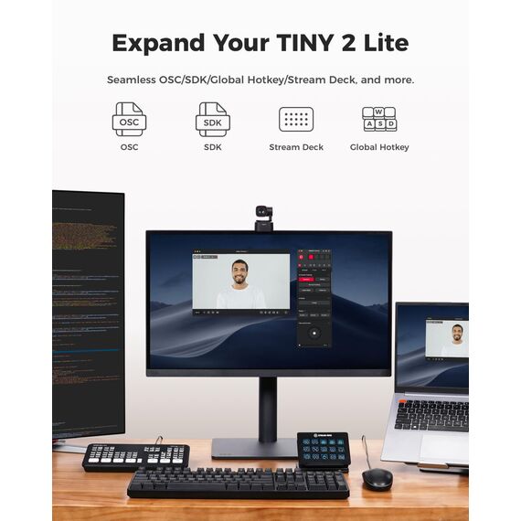 OBSBOT Tiny 2 Lite - 4K Webcam PTZ KI Tracking Streaming Kamera, Webcam mit Mikrofon, 1/2" Sensor, HDR, Gestensteuerung, 60 FPS PC Kamera, USB Web Cam für Meetings, Gaming, Video Calls, etc.