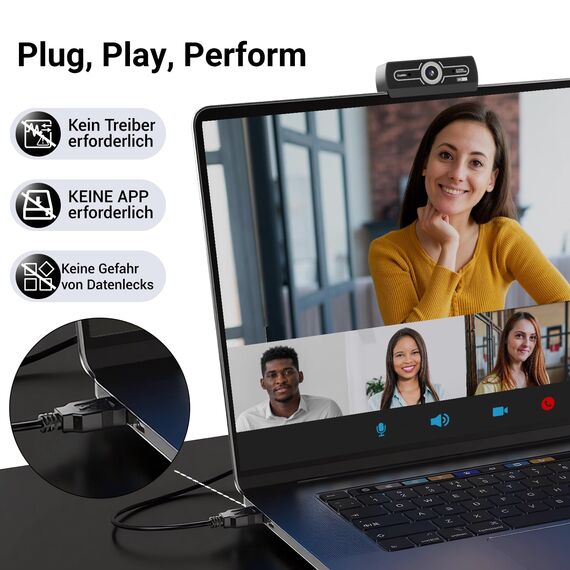 Diccik Webcam 2K, USB A Webcam mit Mikrofo, Kamera PC, Rauschunterdrückung Automatische Fixfokus für Live Streaming, Videoanrufe, Konferenzen, Spiel, PC/Mac/Notebook/MacBook