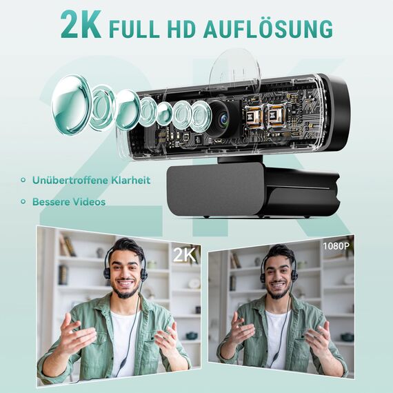 YIMONA 2K Full HD Webcam, mit Objektivabdeckung 30fps, 85° Weitwinkel, USB, Dual Mikrofon, Fester Fokus, Belichtungskorrektur, Rauschunterdrückung, kompatibel mit Windows, Mac OS, Linux und mehr