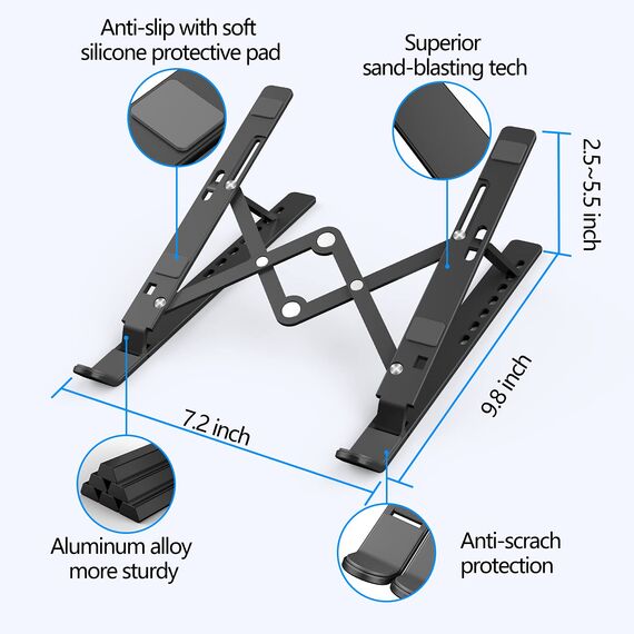 Laptop Ständer, Faltbarer Aluminium Notebook Ständer, Höhenverstellbarer Laptopständer Belüftet Kühlung Laptop Halterung für MacBook Pro/Air, HP, Sony, Dell,alle 10-15,6 ” Laptops, Tablets-Schwarz