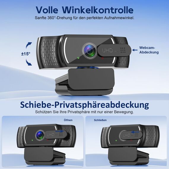 YIMONA 4K Webcam für PC mit Sony-Sensor, PDAF-Autofokus, Dual-Mikrofon mit Geräuschunterdrückung, Privacy-Abdeckung, 80° Weitwinkel, USB Plug-&-Play Webcam für Streaming, Zoom & Microsoft Teams