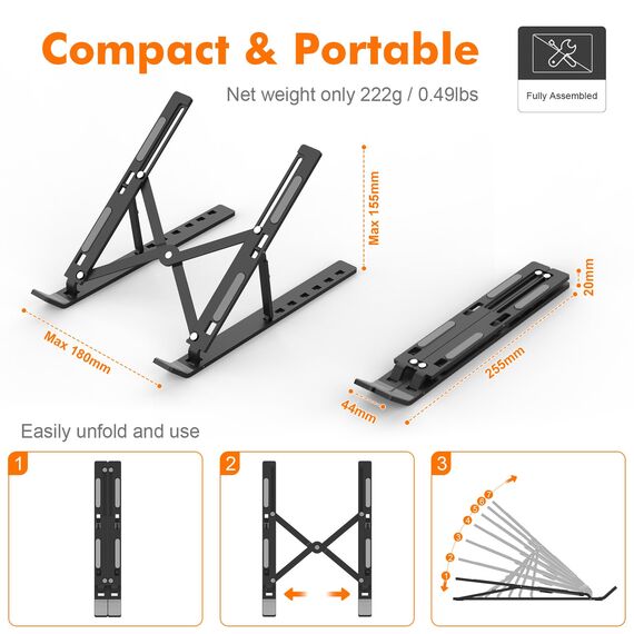 GRIFEMA GB1054B Laptop ständer für Schreibtisch, Höhenverstellbarer Laptop Riser, Tragbarer LaptopStänder mit 7 Neigungsverstellungen für 10"-17,3" Laptops und Tablets - Schwarz