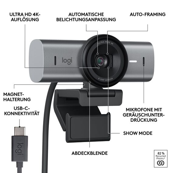 Logitech MX Brio Ultra HD 4K Collaboration and Streaming Webcam, 1080p at 60 FPS, Dual Noise Reducing Mics, Show Mode, USB-C, Webcam Cover, Works with Microsoft Teams, Zoom, Google Meet, Graphit