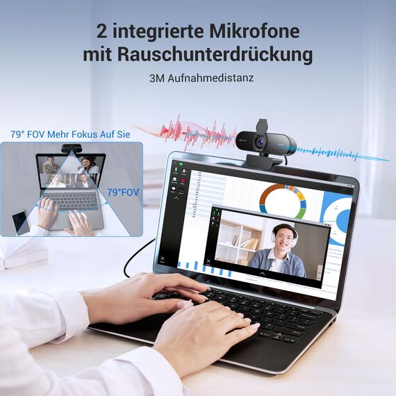 N newline 4k Webcam mit 2 Mikros & Metall Stativ, 1080p@60FPS, PDAF Autofokus in 1 Sekunde, Klar Stereo-Sound, Lichtkorrektur, USB Kamera PC für Videokonferenz Windows MacOS Zoom Teams