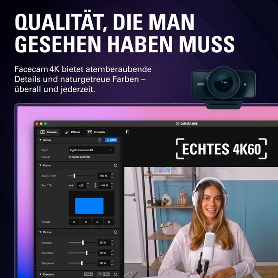 Elgato Facecam 4K - 4K60-Studio-Webcam,DSLR-vergleichbare Steuerung, cineastische Effekte, 49 mm-Objektivfilter, HDR, unkomprimiertes Video, optimierter Fokusbereich | USB-C für PC & Mac