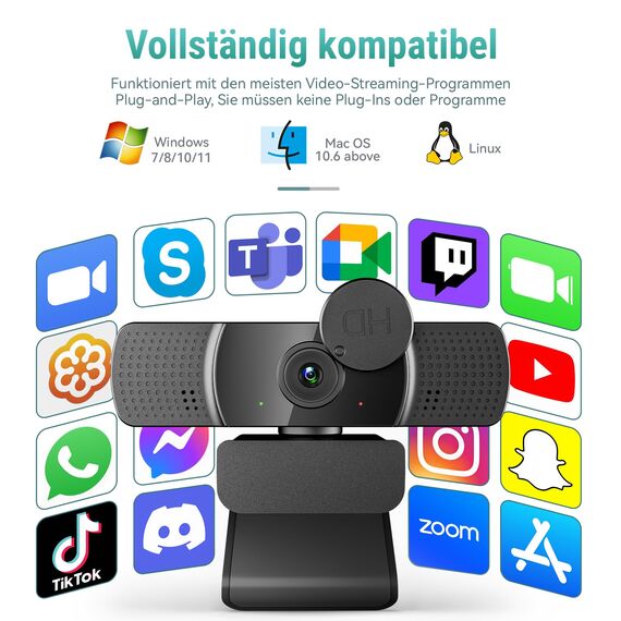 YIMONA 2K Full HD Webcam, mit Objektivabdeckung 30fps, 85° Weitwinkel, USB, Dual Mikrofon, Fester Fokus, Belichtungskorrektur, Rauschunterdrückung, kompatibel mit Windows, Mac OS, Linux und mehr