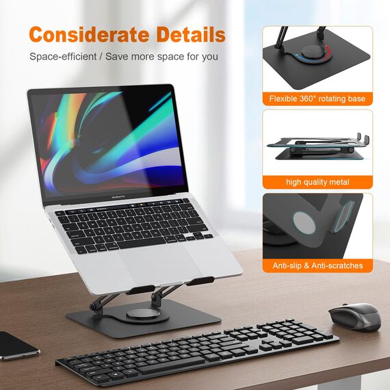 Laptop Ständer Höhenverstellbar, GRIFEMA GB1050 Faltbarer Laptopständer mit 360° Drehbarer Basis, Ergonomisch & Belüftet – Kompatibel mit MacBook Air/Pro, Dell und 11-17 Zoll Notebooks – Schwarz