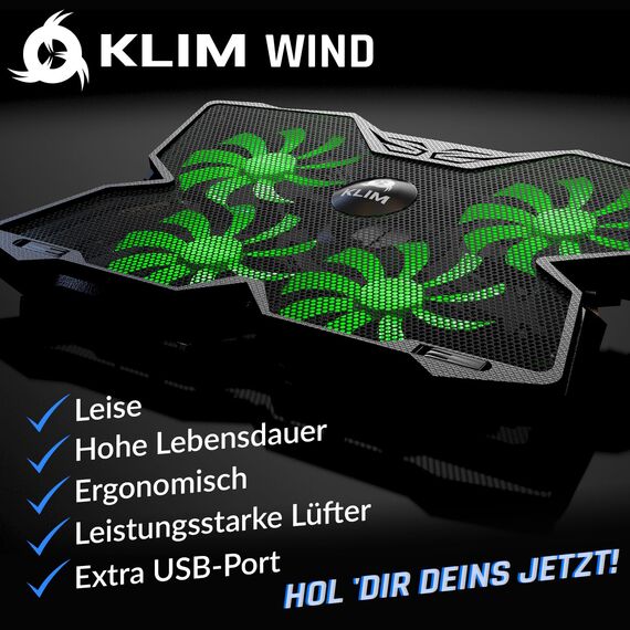 KLIM Wind Laptop Kühler - Mehr als 500 000 verkaufte Einheiten - NEU 2024 - Leistungsstark - Schneller Kühlvorgang - 4 Lüfter PC Notebook PS4 Belüfteter Laptop Ständer - Grün