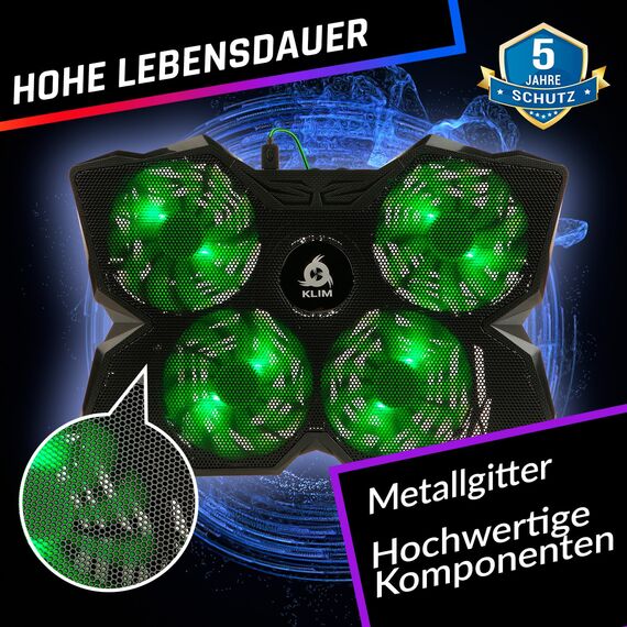 KLIM Wind Laptop Kühler - Mehr als 500 000 verkaufte Einheiten - NEU 2024 - Leistungsstark - Schneller Kühlvorgang - 4 Lüfter PC Notebook PS4 Belüfteter Laptop Ständer - Grün