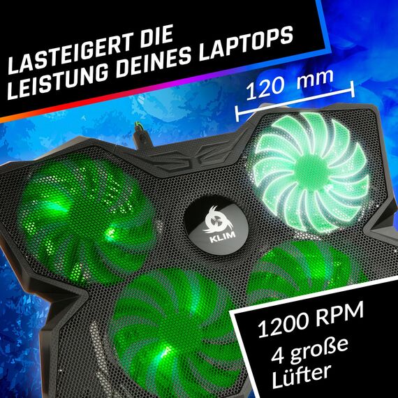 KLIM Wind Laptop Kühler - Mehr als 500 000 verkaufte Einheiten - NEU 2024 - Leistungsstark - Schneller Kühlvorgang - 4 Lüfter PC Notebook PS4 Belüfteter Laptop Ständer - Grün
