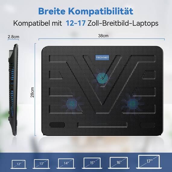 TECKNET Laptop Kühlpads, Laptop Kühler für 12-17 Zoll, Cooling Pad Notebook Cooler Ständer Kühlpad Kühlmatte, 2 USB-Ports, 3 Lüfter mit LEDs(Blau+Schwarz)