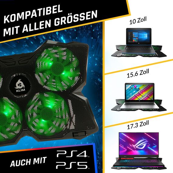 KLIM Wind Laptop Kühler - Mehr als 500 000 verkaufte Einheiten - NEU 2024 - Leistungsstark - Schneller Kühlvorgang - 4 Lüfter PC Notebook PS4 Belüfteter Laptop Ständer - Grün