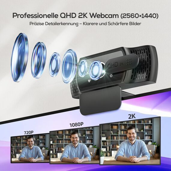 Nulaxy QHD 2K Webcam mit Automatische Lichtkorrektur, PC Camera mit 2 Rauschunterdrückungs Mikrofonen, 1,5M USB Plug & Play, 92° Ultra-Weitwinkelobjektiv mit Abdeckung, für Videoanrufe, Konferenzen