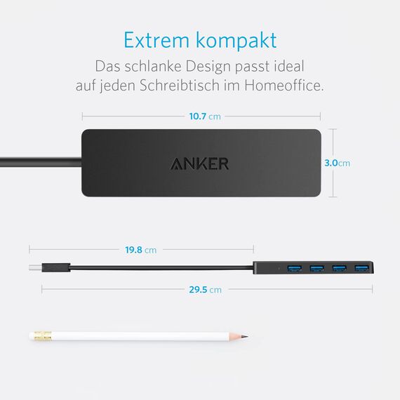 Anker 4-Port USB 3.0 Ultra Flacher Datenhub, Geeignet für MacBook, Mac Pro/mini, iMac, Surface Pro, XPS, Notebook PC, USB Flash Drives, Mobile HDD, und mehr