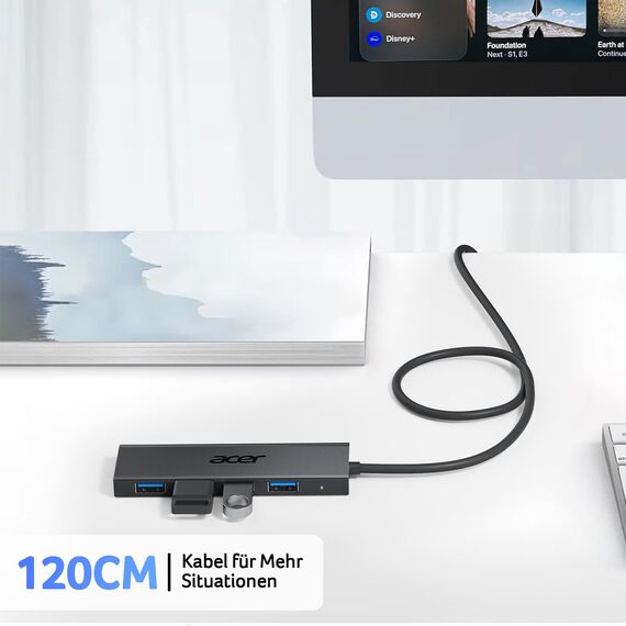 acer USB C HUB 3.0 mit USB-C-Stromversorgung, Ultra Slim Multiport Hub 4 Ports USB 3.0 Adapter für iPhone 15/16 Serie, MacBook/iPad Pro, iMac, Surface Pro, PC, Laptop, Tablets, Tastatur, Maus.- 120cm