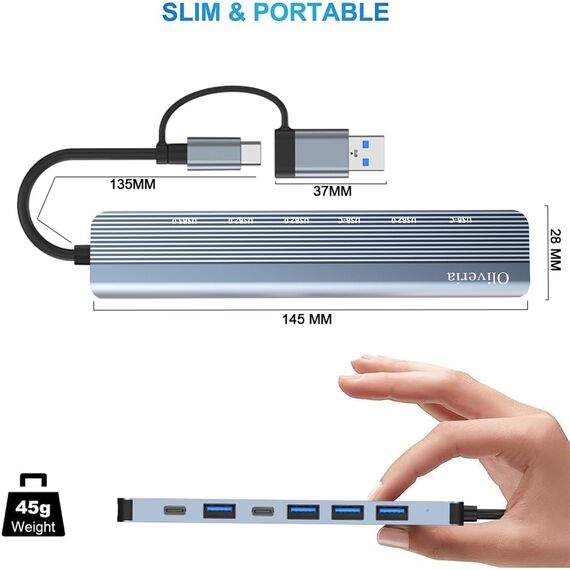 Oliveria USB C Hub 7 in 1 Multiport Adapter USB 3.0 Erweiterung für MacBook, iMac, Surface, Dell, Thinkpad, USB-Stick, mobile Festplatte, PS4, TV