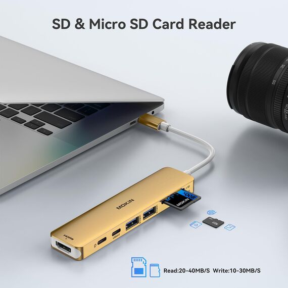 USB C Hub, USB C Multiport Adapter für MacBook Pro/Air, 7 in 1 MacBook Adapter USB C auf HDMI Hub, 2USB 3.0, PD,SD/microSD,Type C Daten für iPad, Lenovo und mehr Type-C Geräte (Gold)