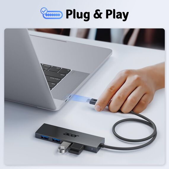 acer USB C HUB 3.0 mit USB-C-Stromversorgung, Ultra Slim Multiport Hub 4 Ports USB 3.0 Adapter für iPhone 15/16 Serie, MacBook/iPad Pro, iMac, Surface Pro, PC, Laptop, Tablets, Tastatur, Maus.- 20cm