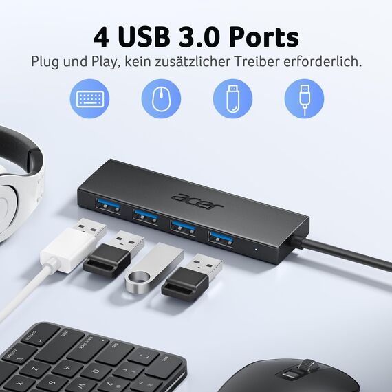 acer USB 3.0 Hub mit USB-C-Stromversorgung, Ultra Slim Typ-A Verteiler 4 Ports Multiport Adapter für PC, Laptop, Tastatur, Maus, HDD, MacBook Pro/Air, iMac, Surface Pro, macOS Windows Linux usw.-60cm