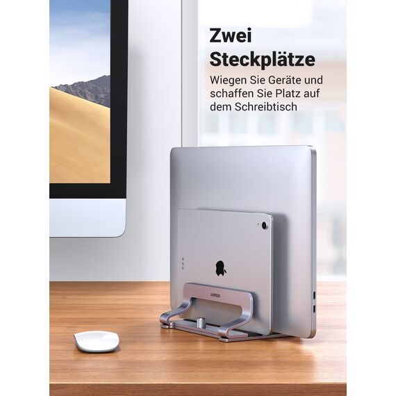 UGREEN Vertikaler Laptop Ständer Aluminium 2 Slot Vertikal Stand Vertikaler MacBook Ständer Platzsparende Halterung für MacBook Pro/Air, iPad, Huawei, Surface, Dell, HP und andere