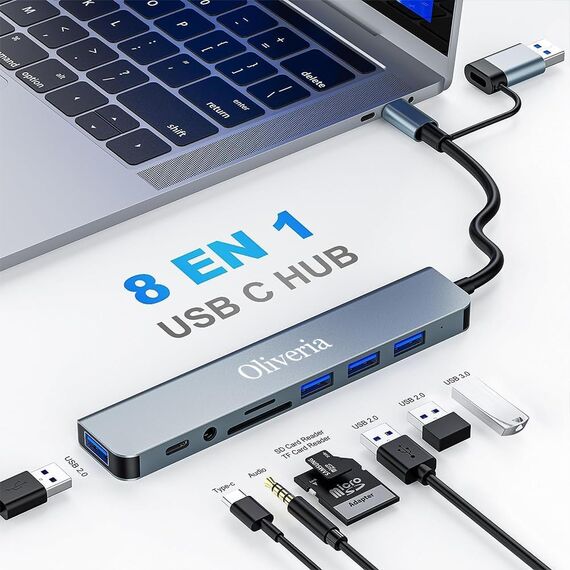 USB C Hub 3.0, 8 in 2 USB Hub 3.0 Multiport Adapter mit SD&TF Kartenleser, USB 3.0&USB 2.0 Ports, 3.5mm Audio Anschlüsse, USB Typ C Hub für MacBook Air/Pro, Galaxy, iPad, Windows usw