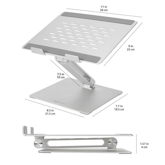 Amazon Basics Verstellbarer ergonomischer Laptopständer mit Wärmeabzug, stufenlose Höhen- und Winkelverstellung, ideal für einen Laptop bis 43,9 cm (17,3 Zoll), 27.9 x 23 x 5.6 cm, Silber
