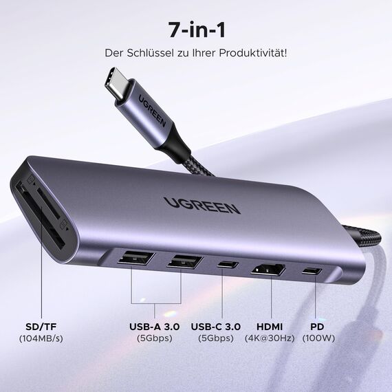 UGREEN Revodok 1071 USB C Hub HDMI 4K, PD 100W, USB 3.0 Datenports, SD/TF Kartenleser Multiport Adapter Kompatibel mit iPhone 17/16, MacBook, iPad, Surface Laptop, Galaxy S24, Steam Deck usw.