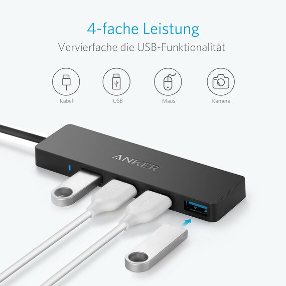 Anker 4-Port USB 3.0 Ultra Flacher Datenhub, Geeignet für MacBook, Mac Pro/mini, iMac, Surface Pro, XPS, Notebook PC, USB Flash Drives, Mobile HDD, und mehr