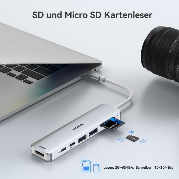 USB C Hub, USB C Multiport Adapter für MacBook Pro/Air, 7 in 1 MacBook Adapter USB C auf HDMI Hub, 2USB 3.0, PD,SD/microSD,Type C Daten für iPad, Lenovo und mehr Type-C Geräte (Silver)