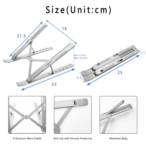 AiTodos® Laptop Ständer, Aluminiumlegierung, Laptop Ständer 6 Gänge Anpassen, Leicht, rutschfest, Faltbarer Tragbarer, Laptopständer - Einfache Wärmeableitung（Silber）