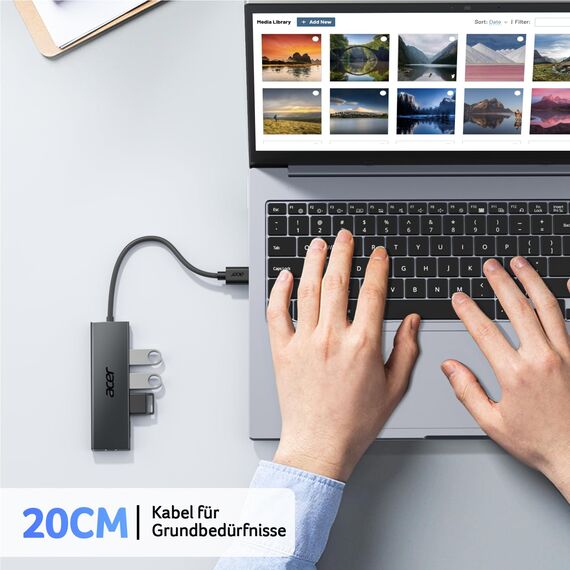 acer USB 3.0 HUB mit USB-C-Stromversorgung, Ultra Slim Multiport Hub 4 Ports USB 3.0 Adapter für PC, Laptop, Tastatur, Maus, HDD, MacBook Pro/Air, iMac, Surface Pro, macOS, Windows, Linux usw. - 20cm
