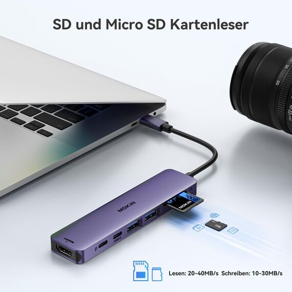 MOKiN USB C Hub, Multiport Adapter für MacBook Pro/Air, 7 in 1 MacBook Adapter USB C to HDMI Hub, 2 x USB 3.0, PD, SD/microSD, USB C Adapter für iPad, Lenovo Dell XPS (Lila)