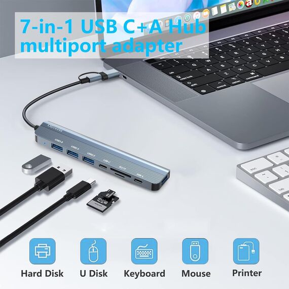 Oliveria USB C Hub 8-in-2, Multiport-Adapter, USB 3.0 & 2.0 Ports, SD & TF Kartenleser, Typ C Port, Kompatibel mit MacBook, Galaxy, iPad