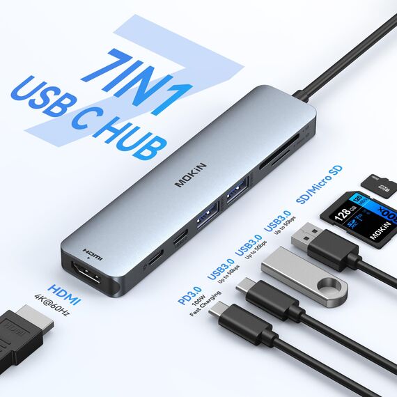 MOKiN USB C Hub, Multiport Adapter für MacBook Pro/Air, 7 in 1 MacBook Adapter USB C to HDMI Hub, 2 x USB 3.0, PD, SD/microSD, USB C Adapter für iPad, Lenovo Dell XPS