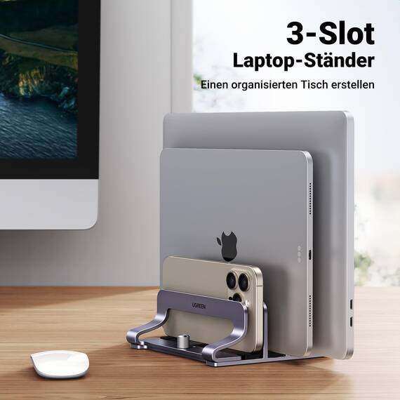 UGREEN Vertikaler Laptop Ständer Aluminium 3 Slot Vertikal Stand Vertikaler MacBook Ständer Platzsparende Halterung für MacBook Pro/Air, iPad, Huawei, Surface, Dell, HP und andere