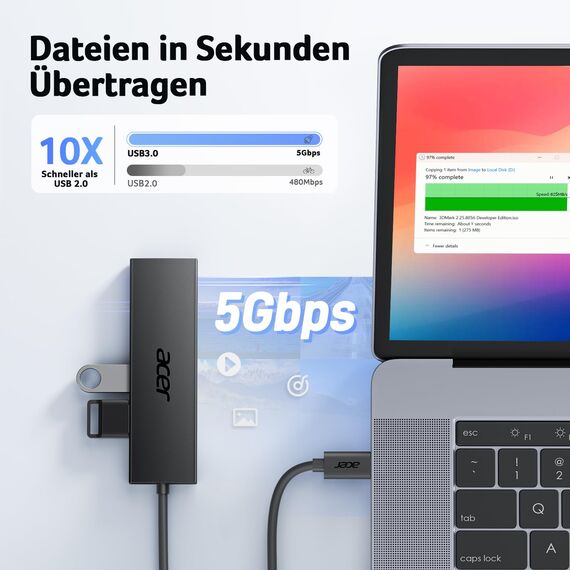 acer USB C HUB 3.0 mit USB-C-Stromversorgung, Ultra Slim Multiport Hub 4 Ports USB 3.0 Adapter für iPhone 15/16 Serie, MacBook/iPad Pro, iMac, Surface Pro, PC, Laptop, Tablets, Tastatur, Maus. -60cm