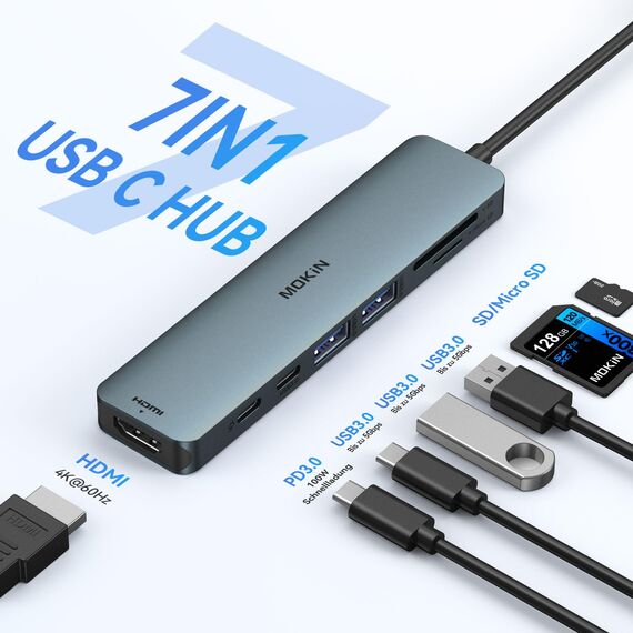 USB C Hub, Multiport Adapter für MacBook Pro/Air, 7 in 1 MacBook Adapter USB C auf HDMI Hub, 2USB 3.0, PD,SD/microSD,Type C Daten für iPad, Lenovo und mehr Type-C Geräte (Blau)