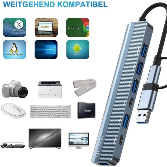 Oliveria USB C Hub 7 in 1 Multiport Adapter USB 3.0 Erweiterung für MacBook, iMac, Surface, Dell, Thinkpad, USB-Stick, mobile Festplatte, PS4, TV