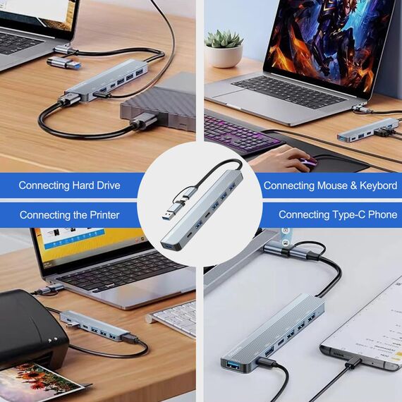 Oliveria USB C Hub 7 in 1 Multiport Adapter USB 3.0 Erweiterung für MacBook, iMac, Surface, Dell, Thinkpad, USB-Stick, mobile Festplatte, PS4, TV