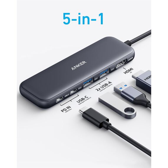 Anker USB C Hub, 332 USB-C Hub (5-in-1) mit 4K HDMI Display, 5Gbps Datenanschluss und 2 USB-A Ports für MacBook Pro, Air, Dell XPS, Lenovo Thinkpad, HP Laptops Mehr
