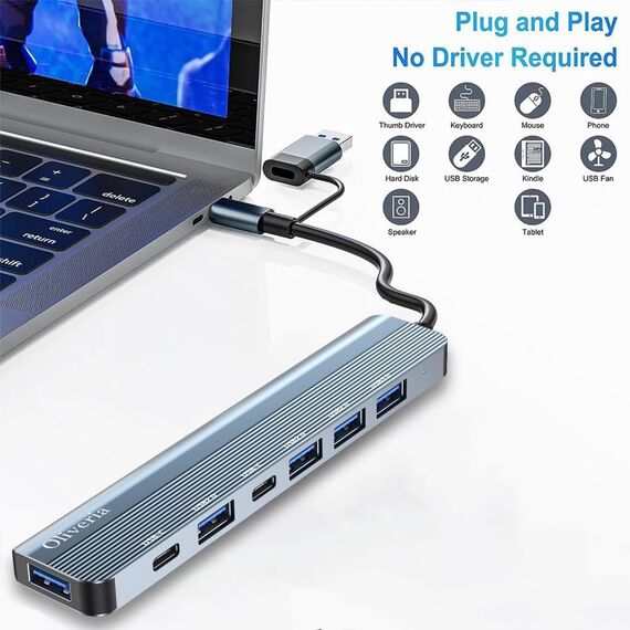 Oliveria USB C Hub 7 in 1 Multiport Adapter USB 3.0 Erweiterung für MacBook, iMac, Surface, Dell, Thinkpad, USB-Stick, mobile Festplatte, PS4, TV