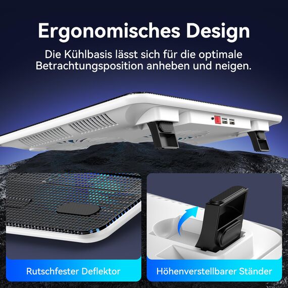 TECKNET Laptop Kühlpads, Laptop Kühler für 12-17 Zoll, Cooling Pad Notebook Cooler Ständer Kühlpad Kühlmatte, 2 USB-Ports, 3 Lüfter mit LEDs(Blau+Weiß)