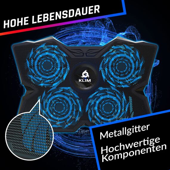 KLIM Diamond Laptop Kühler - Mehr als 500 000 verkaufte Einheiten - NEU - Leistungsstark - Schneller Kühlvorgang - 4 Lüfter PC Notebook PS4 Belüfteter Laptop Ständer