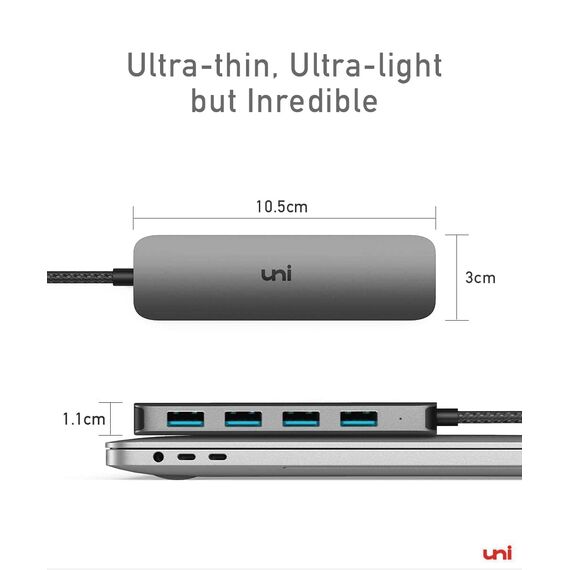 uni USB C Hub mit 4-Port USB 3.0 ultradünner Daten-Hub aus Aluminium, für MacBook Pro/Air, iPad Pro/Air, Dell XPS, Surface Book, iPhone 15 Serie usw.