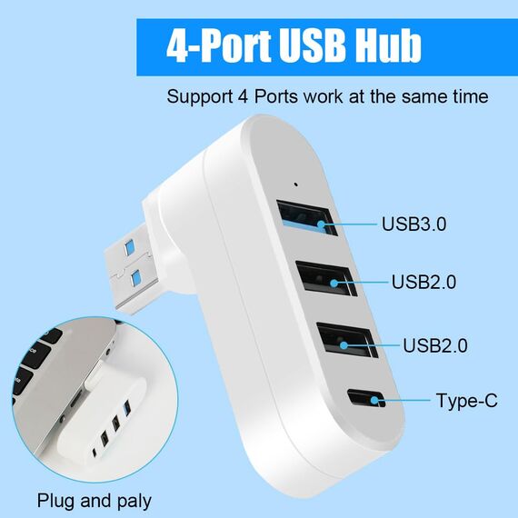 AXFEE 4 Port USB Hub, Mini Hub Mit Mehreren Anschlüssen, 1 USB 3.0+2 USB 2.0+Type-C, Splitter Erweiterung Adapter für Laptop MacBook Desktop PC, Kompatibel Mit Flash Laufwerk Tastatur