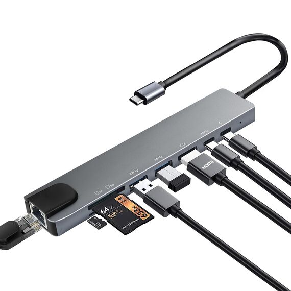 8 in 1 USB C Hub, USB C Multiport Adapter mit Ethernet, PD 100W, 4K HDMI, USB 3.0 & USB 2.0 Anschlüsse, SD&TF Kartenleser, Typ C Hub für MacBook Air/Pro, iPad, Samsung, Dell XPS, HP