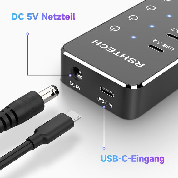 USB C 3.2 Hub Aktiv mit Netzteil, RSHTECH 7 Port USB 3.1 Gen2 Hub mit 3*10Gbps Datenports (Type-A, 2*Type-C), 4*Type-A 3.0 Ports 5Gbps, Touch-Schalter, 2-in-1 Datenkabel (100cm), 15W 5V/3A, RSH-ST07C
