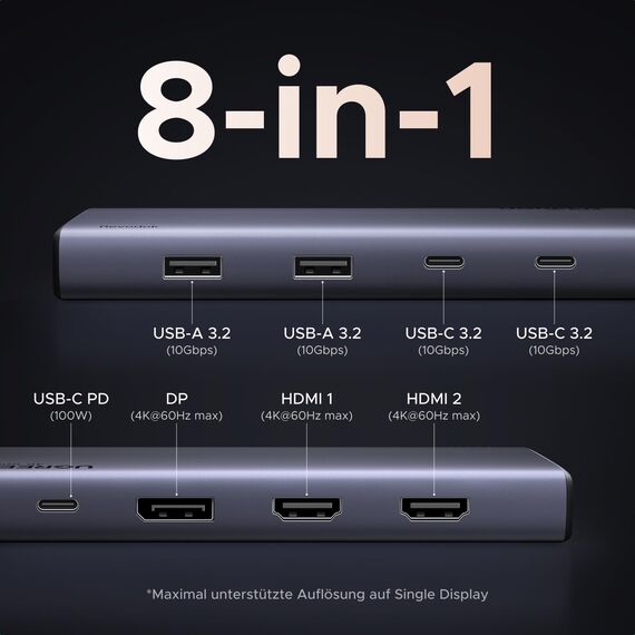 UGREEN Revodok Pro Triple Display Dock USB C Hub 2HDMI DP(4K@60Hz max.), Docking Station mit 10Gbps 4*USB Ports(2*USB A & 2*USB C), PD 100W